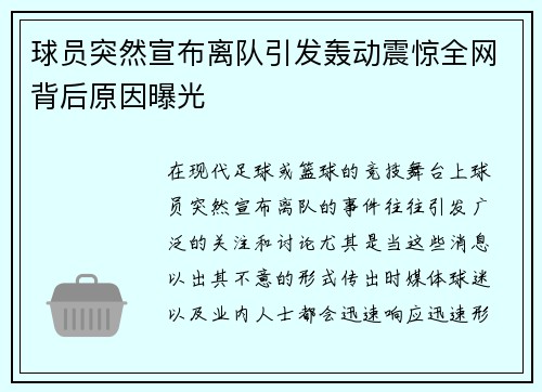 球员突然宣布离队引发轰动震惊全网背后原因曝光